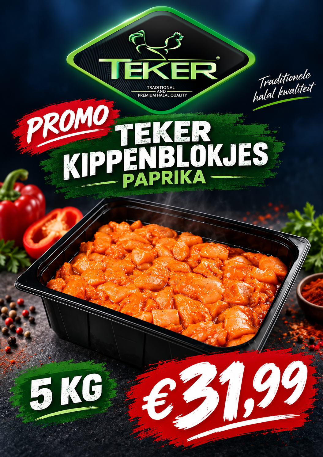 Teker kippenblokjes paprika